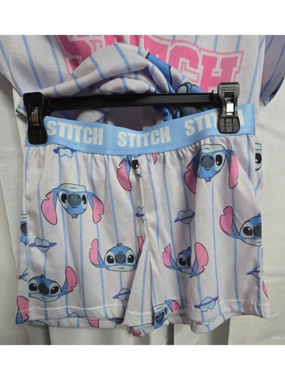 Stitch Girls Size Medium (7/8) Pajama Short Set Blue Striped Short-Sleeved